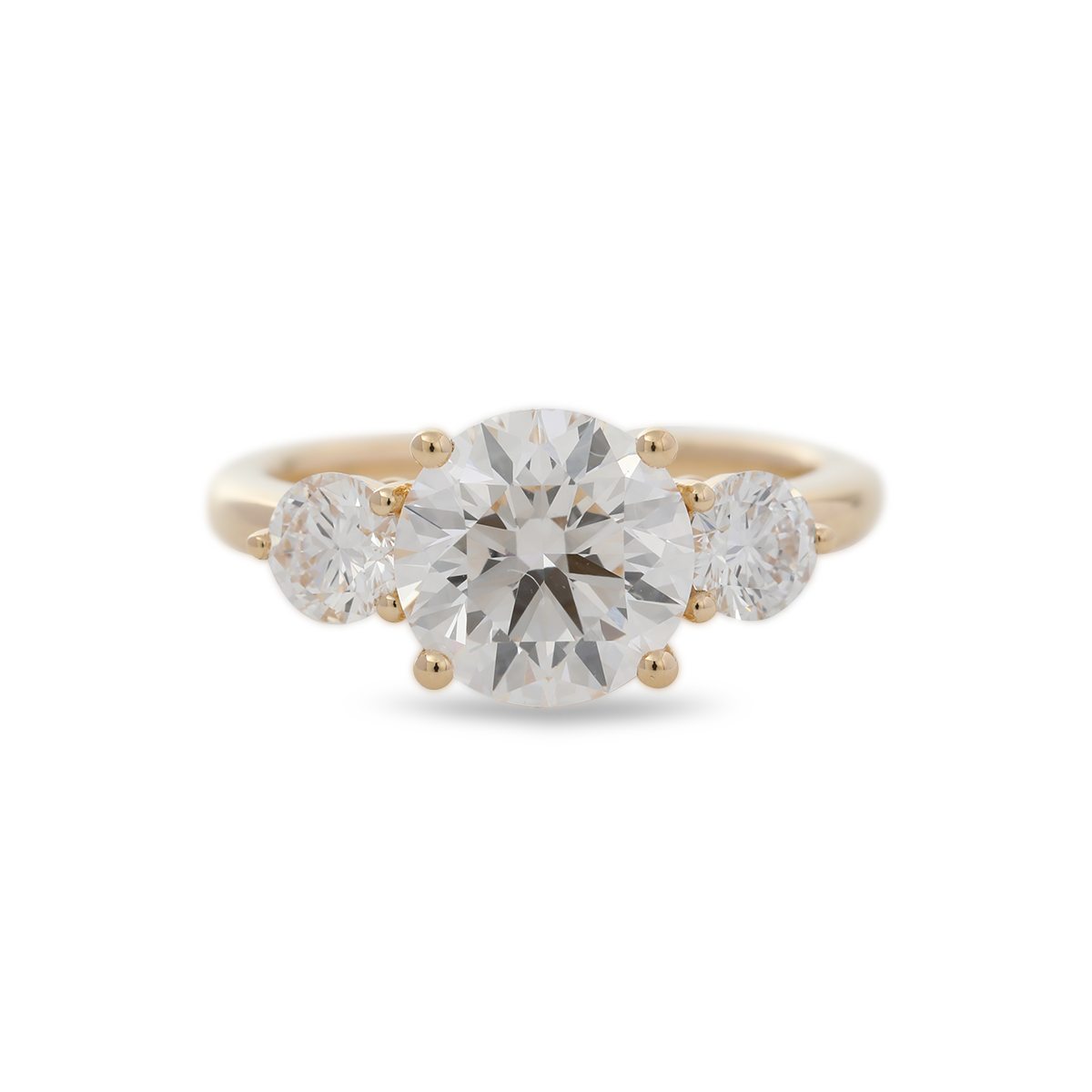18K Yellow Gold 2.5ct Round Lab Diamond Round Prong Basket Three-stone Engagement Ring with Two Ring Enhancers in Bridal Ring Set Design 18K Yellow Gold 2.5ct Round Lab Diamond Round Prong Basket Three-stone Engagement Ring with Two Ring Enhancers in Bridal Ring Set Design