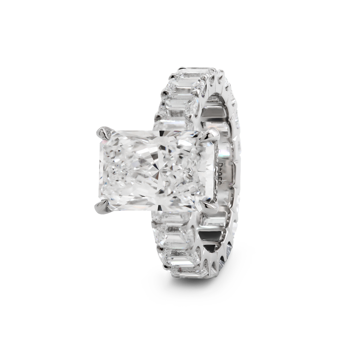 Platinum 4ct Radiant Cut Lab Diamond 4 Calw Prong Basket Ring with Round Lab Diamond Hiddden-Halo and Emerald Cut Lab Diamond Pave Platinum 4ct Radiant Cut Lab Diamond 4 Calw Prong Basket Ring with Round Lab Diamond Hiddden-Halo and Emerald Cut Lab Diamond Pave