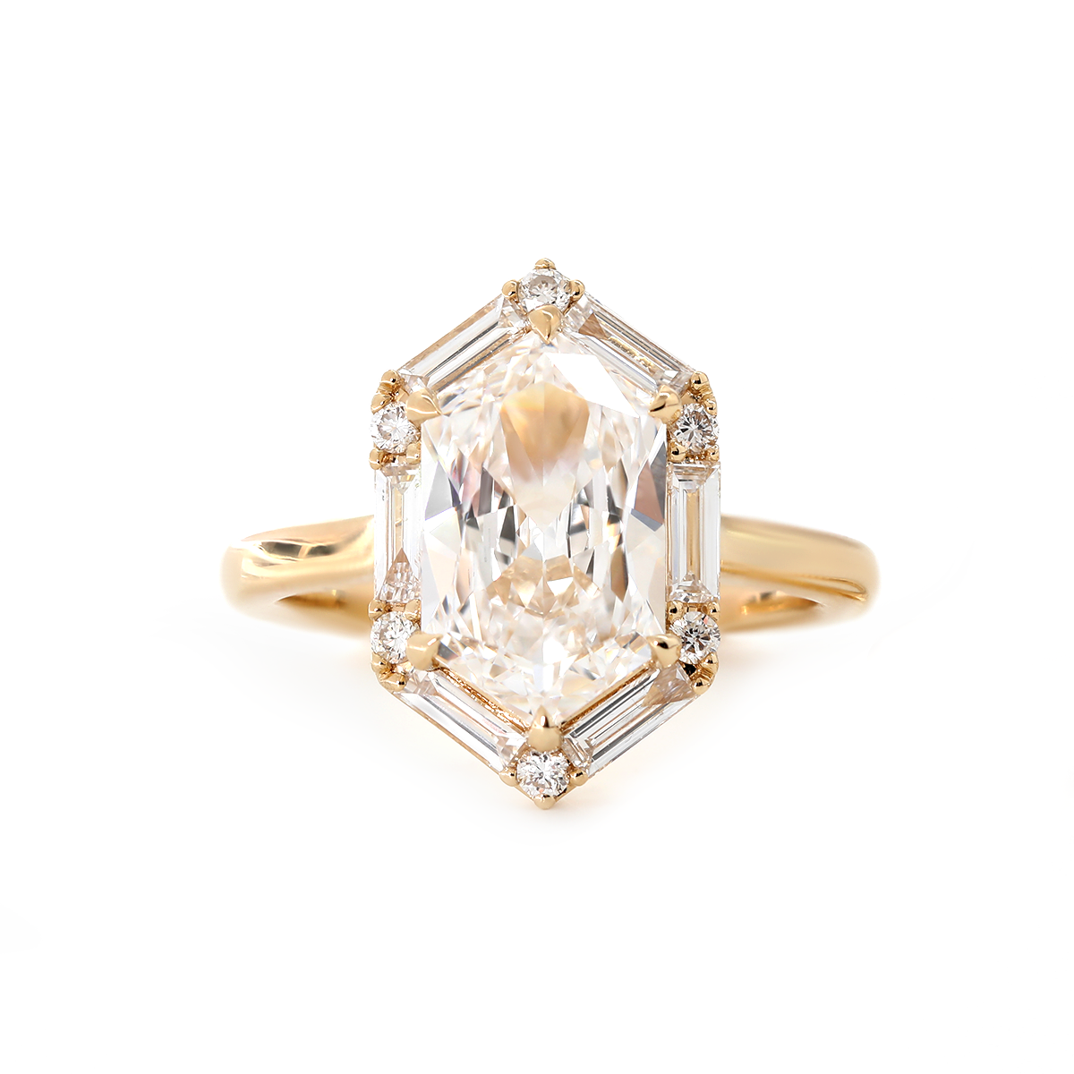14K Yellow Gold 2.5ct Duchess Cut Elongated Hexagonal Lab Diamond Ring with Baguette Cut and Round Diamond Halo 14K Yellow Gold 2.5ct Duchess Cut Elongated Hexagonal Lab Diamond Ring with Baguette Cut and Round Diamond Halo