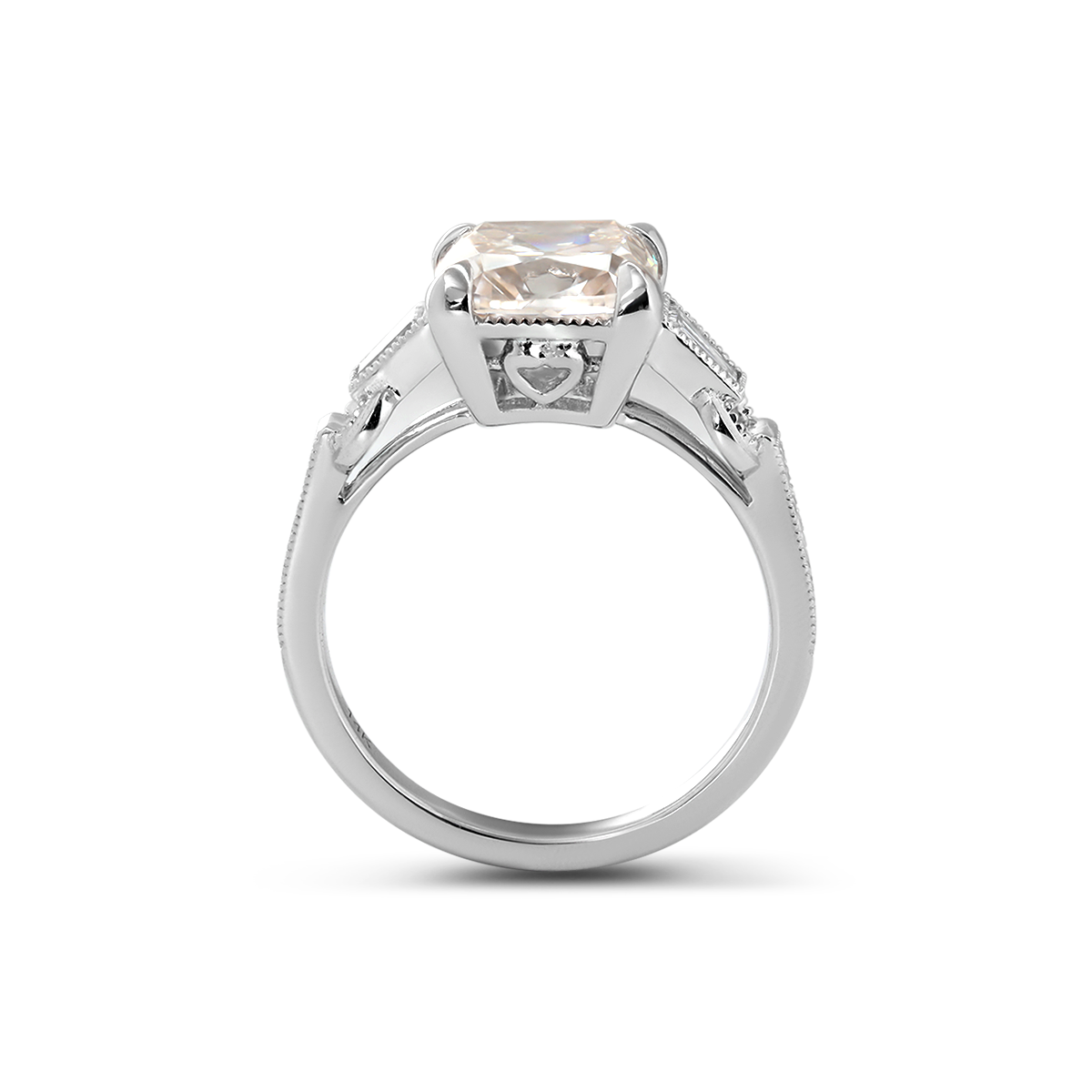 14K White Gold 3ct Old Mine Cut Lab Diamond Art Deco Style Vintage Engraved Three-stone Ring with Tapered Baguette Cut Side Stones 14K White Gold 3ct Old Mine Cut Lab Diamond Art Deco Style Vintage Engraved Three-stone Ring with Tapered Baguette Cut Side Stones