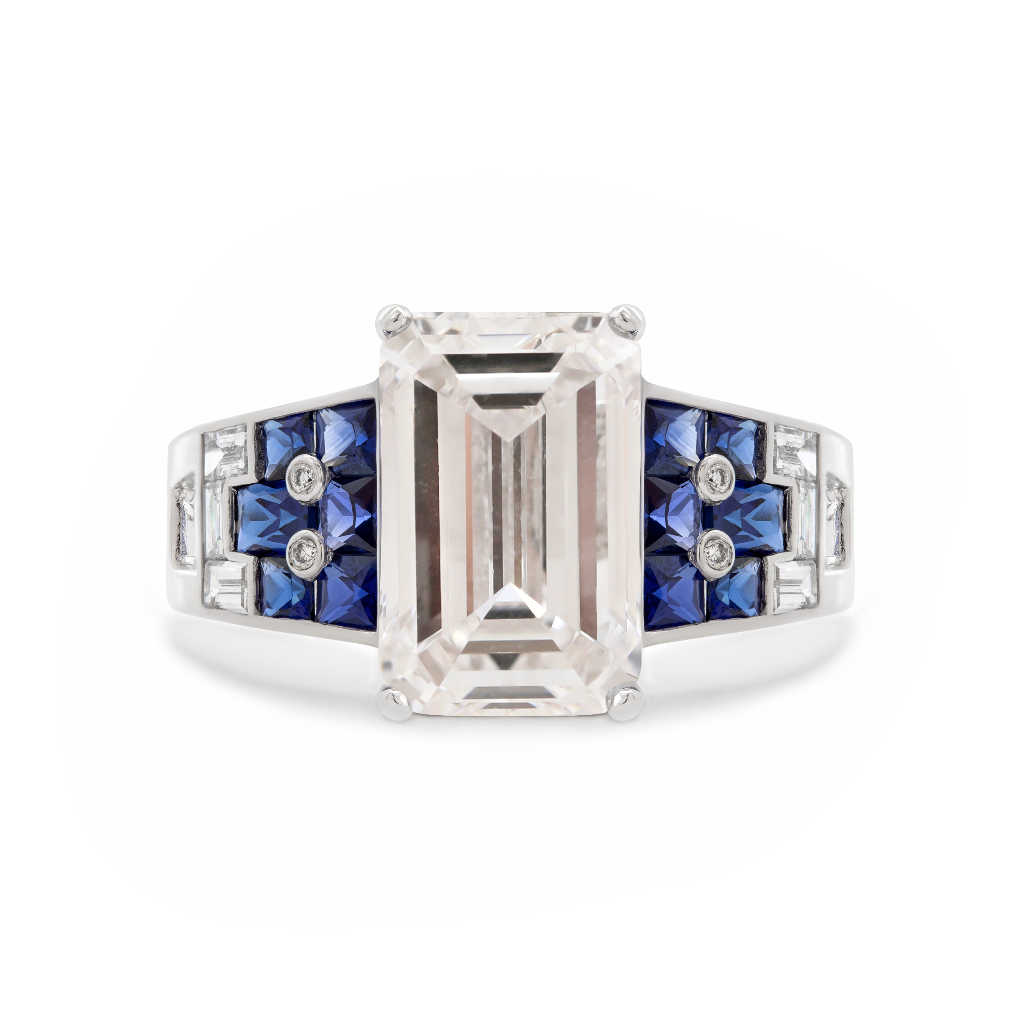 Platinum 5.5ct Emerald Cut Lab Diamond Vintage Ring with Lab Sapphire and Baguette Lab Diamond Side-Stones Platinum 5.5ct Emerald Cut Lab Diamond Vintage Ring with Lab Sapphire and Baguette Lab Diamond Side-Stones