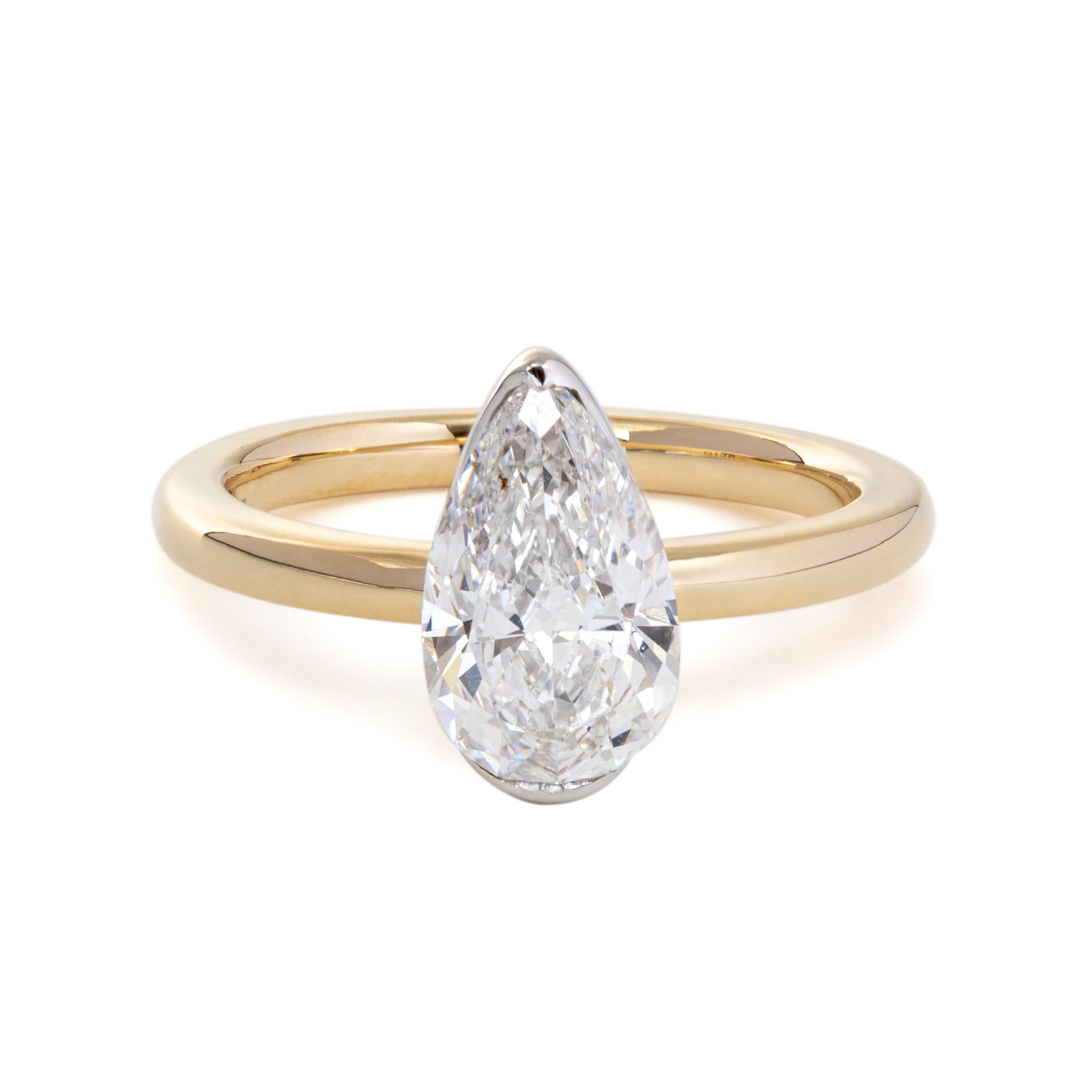 14K Yellow and White Gold 2ct Pear Cut Lab Diamond Half Bezel Solitaire Ring 14K Yellow and White Gold 2ct Pear Cut Lab Diamond Half Bezel Solitaire Ring