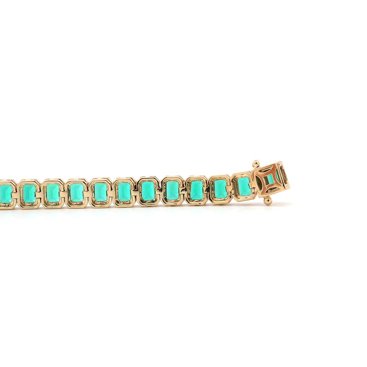 14K Yellow Gold Emerald Cut Lab Zambian Emerald Bezel Tennis Bracelet 14K Yellow Gold Emerald Cut Lab Zambian Emerald Bezel Tennis Bracelet