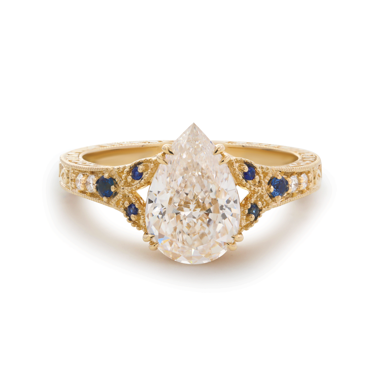 14K Yellow Gold 2.5ct Pear Lab Diamond with Round Lab Diamond and Lab Sapphire Side-stone Millegrain Floral Engraving Ring-Art Nouveau Nature-Inspired 14K Yellow Gold 2.5ct Pear Lab Diamond with Round Lab Diamond and Lab Sapphire Side-stone Millegrain Floral Engraving Ring-Art Nouveau Nature-Inspired