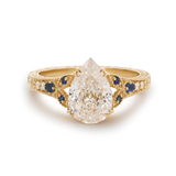 14K Yellow Gold 2.5ct Pear Lab Diamond with Round Lab Diamond and Lab Sapphire Side-stone Millegrain Floral Engraving Ring-Art Nouveau Nature-Inspired 14K Yellow Gold 2.5ct Pear Lab Diamond with Round Lab Diamond and Lab Sapphire Side-stone Millegrain Floral Engraving Ring-Art Nouveau Nature-Inspired