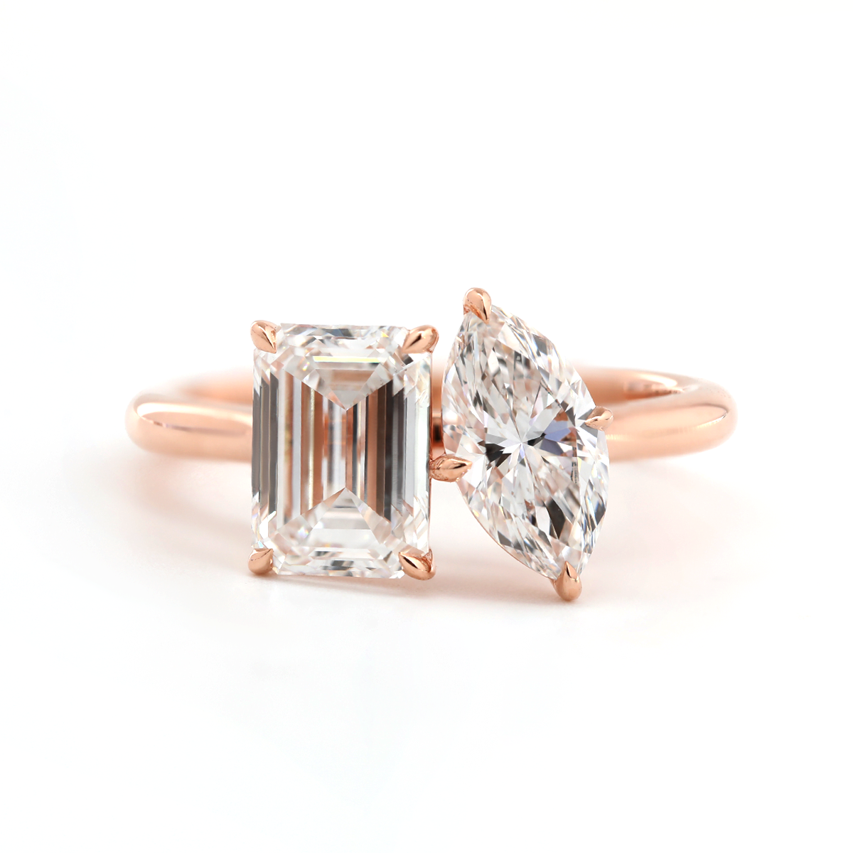 14K Rose Gold Marquise Cut and Emerald Cut Lab Diamond Toi et Moi Ring 14K Rose Gold Marquise Cut and Emerald Cut Lab Diamond Toi et Moi Ring