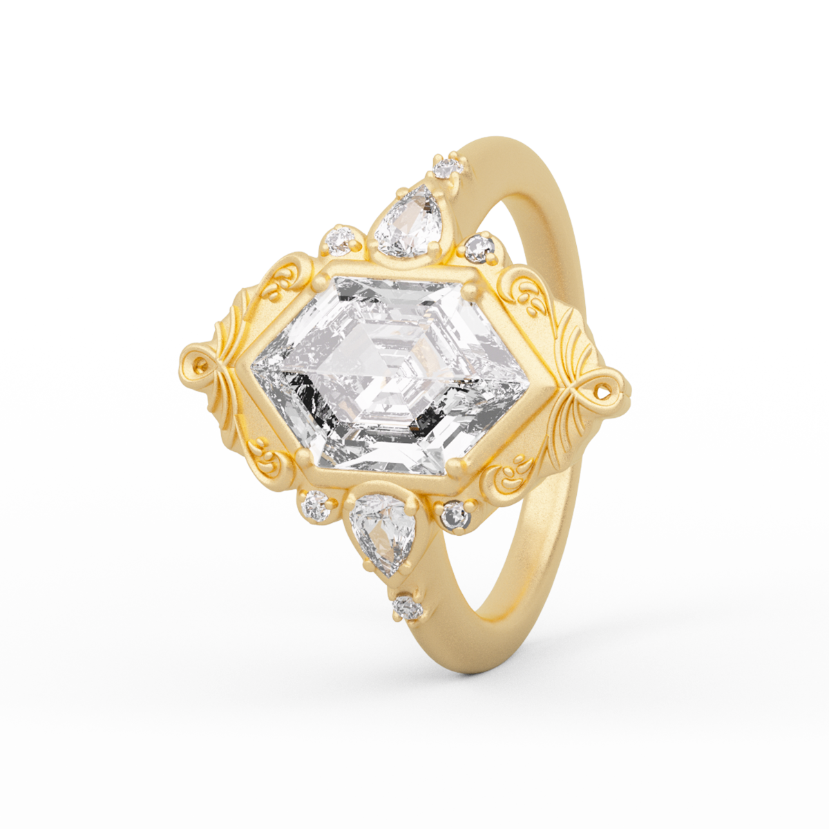 14K Yellow Gold 2ct Elongated Hexagonal Cut Lab Diamond Victoran-Style Bezel Ring with Floral Motifs 14K Yellow Gold 2ct Elongated Hexagonal Cut Lab Diamond Victoran-Style Bezel Ring with Floral Motifs