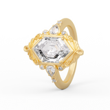 14K Yellow Gold 2ct Elongated Hexagonal Cut Lab Diamond Victoran-Style Bezel Ring with Floral Motifs 14K Yellow Gold 2ct Elongated Hexagonal Cut Lab Diamond Victoran-Style Bezel Ring with Floral Motifs