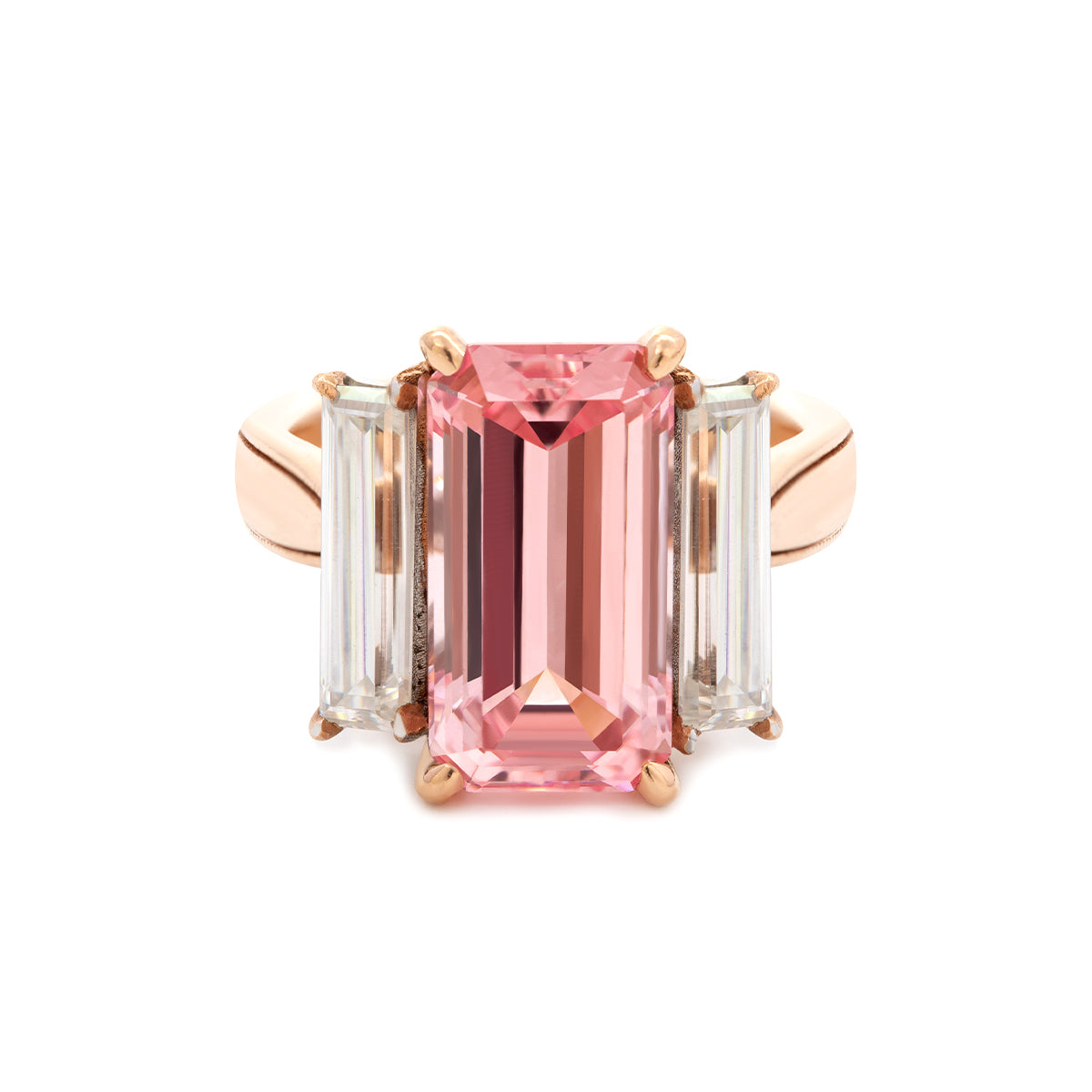 14K Rose and White Gold 13*6.5mm Emerald Cut Lab Pink Sapphire and Two Baguette Cut Lab Diamond Three Stone Cocktail Ring with Tapered Band 14K Rose and White Gold 13*6.5mm Emerald Cut Lab Pink Sapphire and Two Baguette Cut Lab Diamond Three Stone Cocktail Ring with Tapered Band