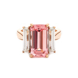 14K Rose and White Gold 13*6.5mm Emerald Cut Lab Pink Sapphire and Two Baguette Cut Lab Diamond Three Stone Cocktail Ring with Tapered Band 14K Rose and White Gold 13*6.5mm Emerald Cut Lab Pink Sapphire and Two Baguette Cut Lab Diamond Three Stone Cocktail Ring with Tapered Band