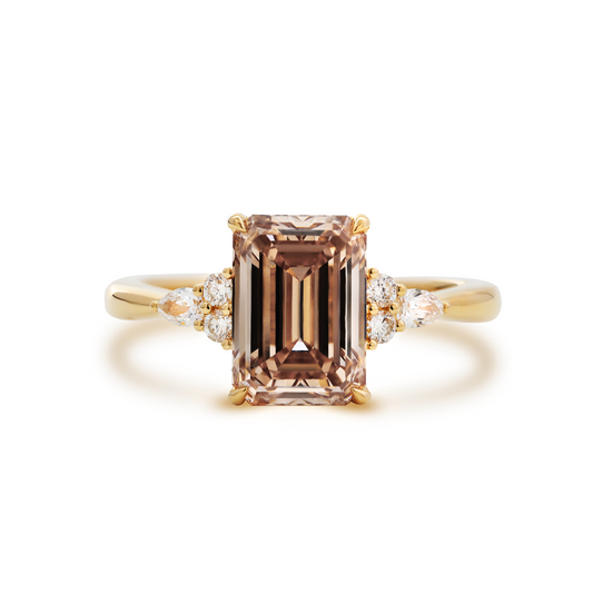 18K Yellow Gold 3.5ct Emerald Cut Brown Lab Diamond Foral Side-stone Ring with Tapered Band