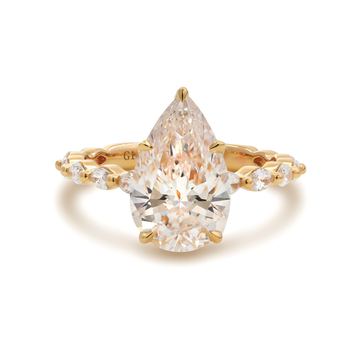 14K Yellow Gold 3ct Pear Cut Lab Diamond 5 Claw Prongs Floral Basket Engagement Ring with Marquise Cut and Round Cut Diamond Side-stones 14K Yellow Gold 3ct Pear Cut Lab Diamond 5 Claw Prongs Floral Basket Engagement Ring with Marquise Cut and Round Cut Diamond Side-stones