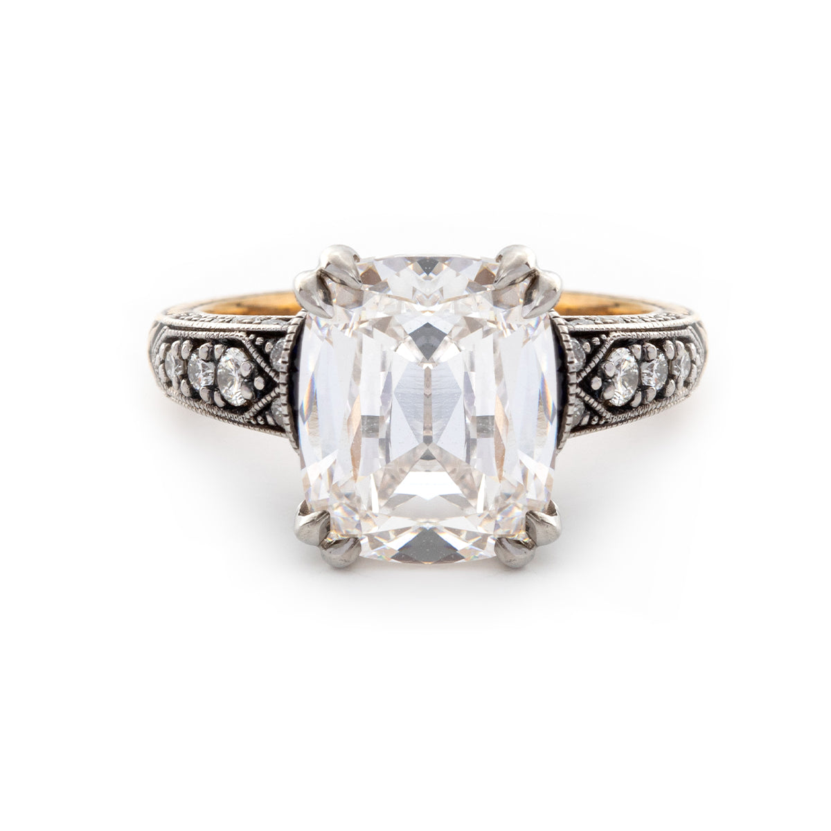 18K Gold 4.5ct Elongated Old Mine Cut Lab Diamond Antique-inspired Ring with Princess Cut Lab Sapphire & Round Cut Lab Diamond Side-stone 18K Gold 4.5ct Elongated Old Mine Cut Lab Diamond Antique-inspired Ring with Princess Cut Lab Sapphire & Round Cut Lab Diamond Side-stone