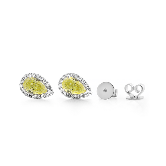 Platinum 1.5 ct tw Pear Shaped Fancy Yellow Lab Diamond Stud Earrings with Round Lab Diamond Halo