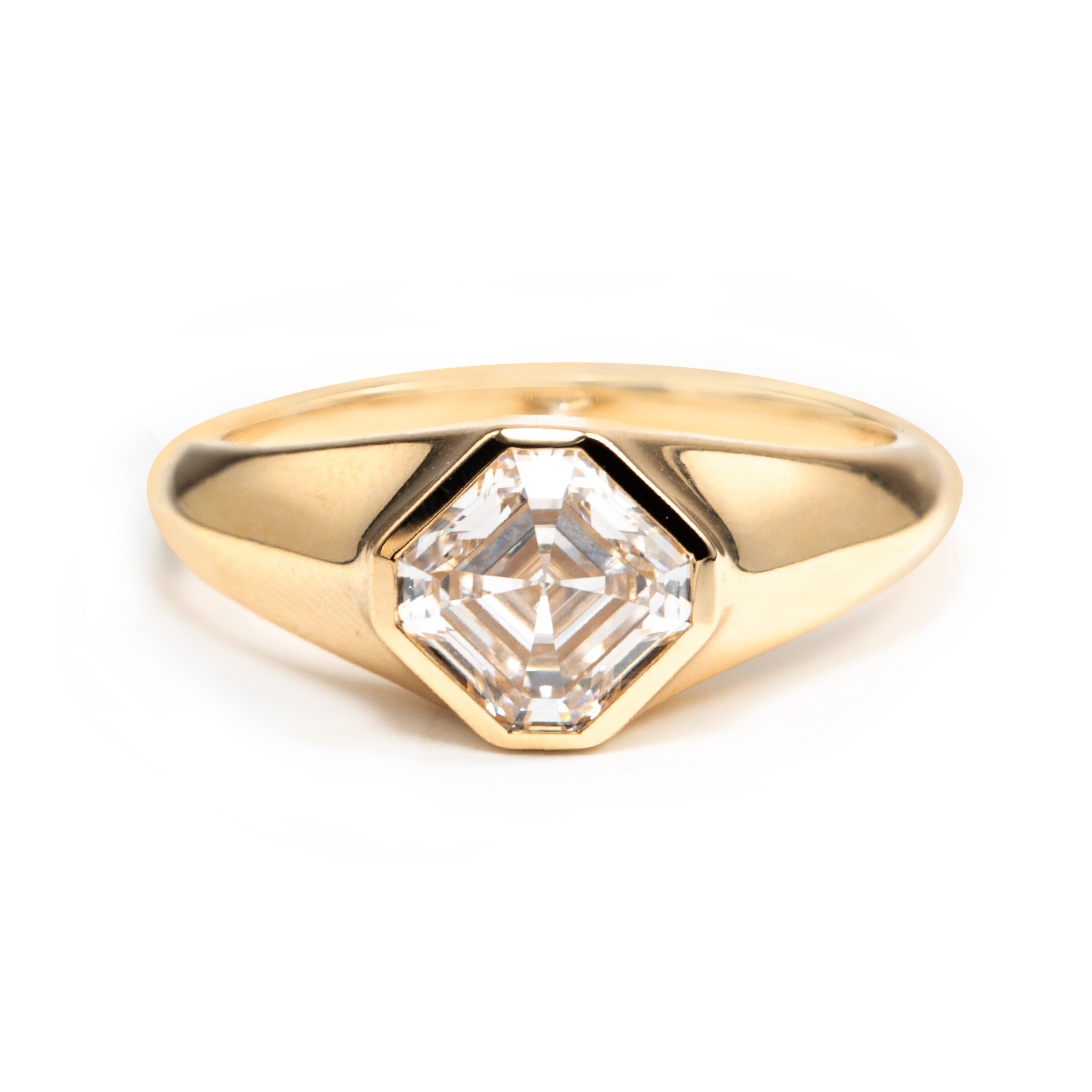 14k Yellow Gold 1.5ct Asscher Cut Lab Diamond Bezel Ring with Knife Edge Tapered Band Design 14k Yellow Gold 1.5ct Asscher Cut Lab Diamond Bezel Ring with Knife Edge Tapered Band Design