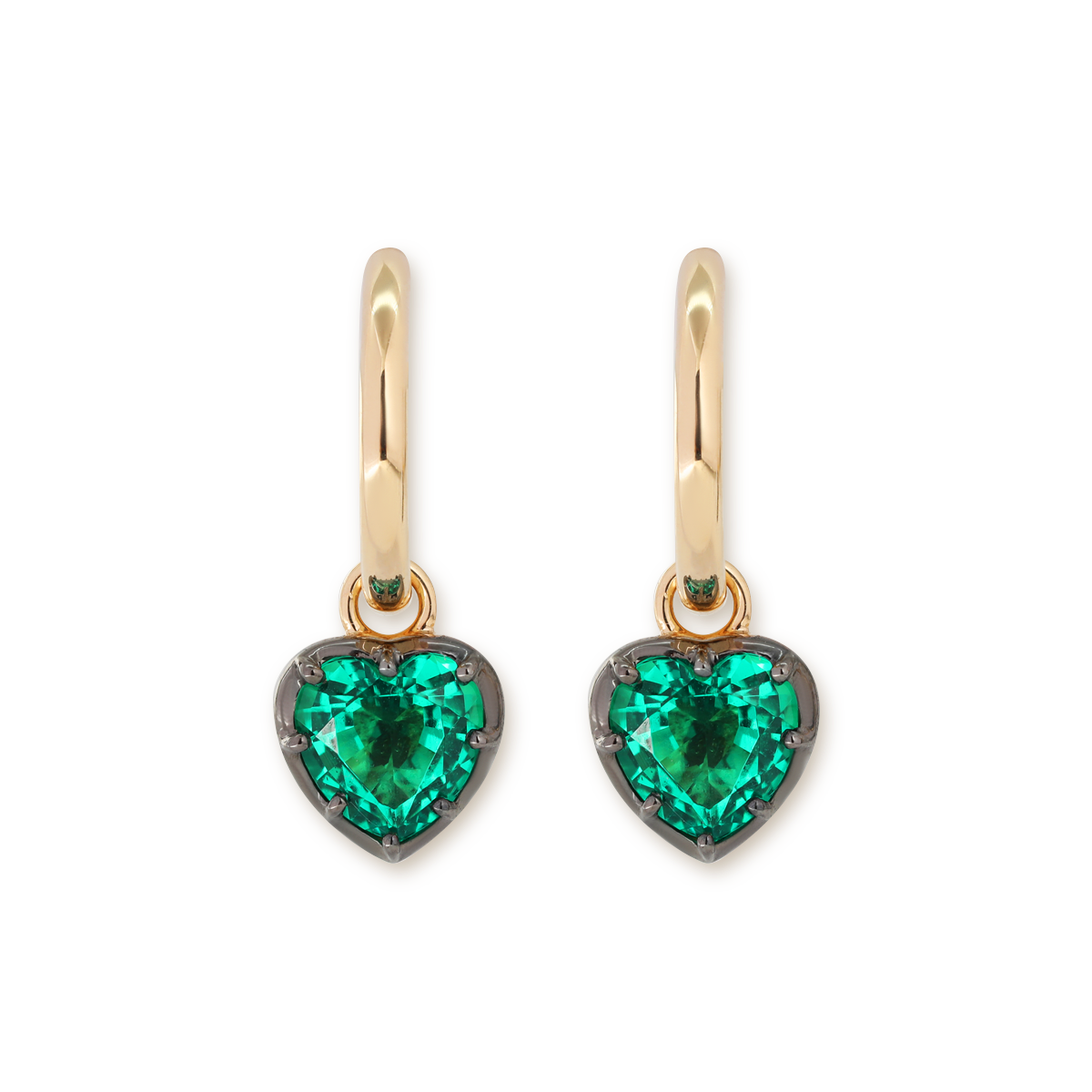 14K Yellow Gold Heart Cut Colombian Lab Emerald Bezel Setting Hoop Earrings with Black Rhodium Plated 14K Yellow Gold Heart Cut Colombian Lab Emerald Bezel Setting Hoop Earrings with Black Rhodium Plated