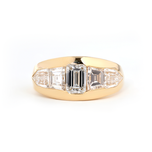 14K Yellow Gold 1ct Emerald Cut Lab Diamond 5 Stone Bezel Ring with Tapered Step Cut Cut and Bullet Cut Side-stones