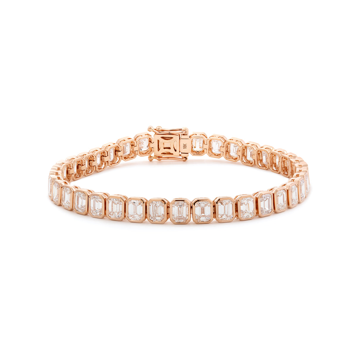 18K Rose Gold Emerald Cut Lab Diamond Bezel Tennis Bracelet 18K Rose Gold Emerald Cut Lab Diamond Bezel Tennis Bracelet