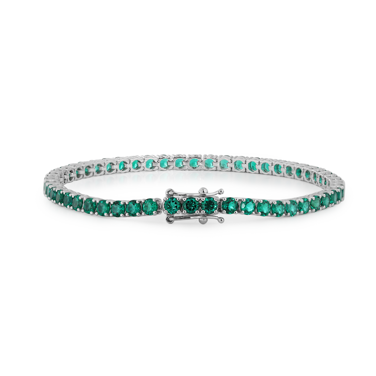 14K White Gold 5ct tw Round Zambian Lab Emerald 4 Prong Basket Tennis Bracelet 14K White Gold 5ct tw Round Zambian Lab Emerald 4 Prong Basket Tennis Bracelet