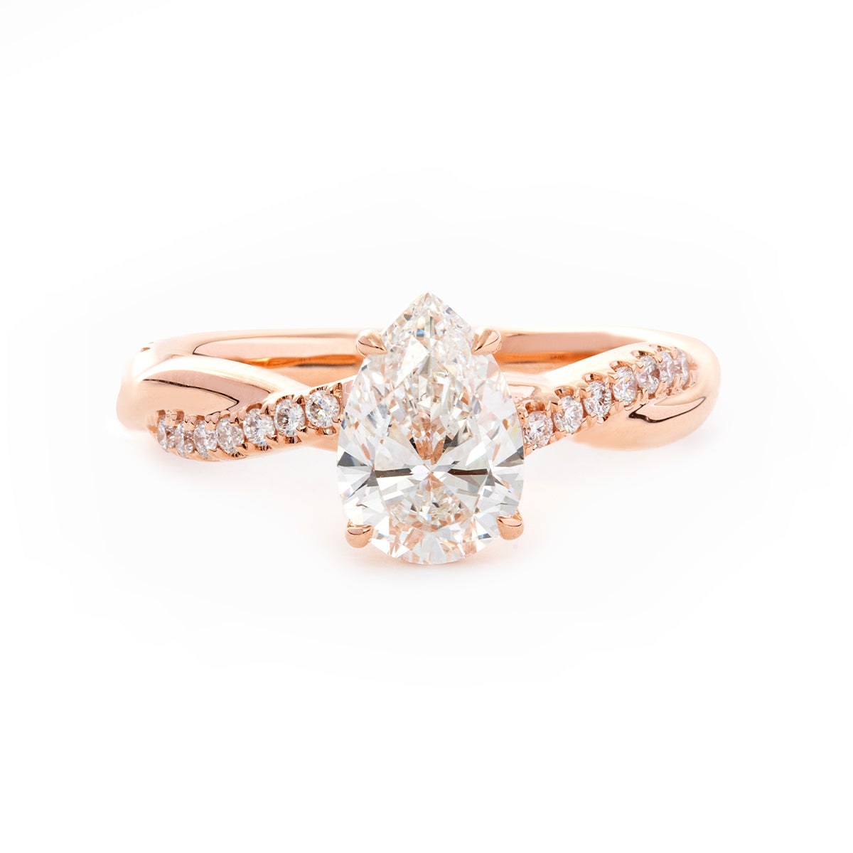 14K Rose Gold 1.5ct Pear Cut Lab Diamond Twist Pave Ring 14K Rose Gold 1.5ct Pear Cut Lab Diamond Twist Pave Ring
