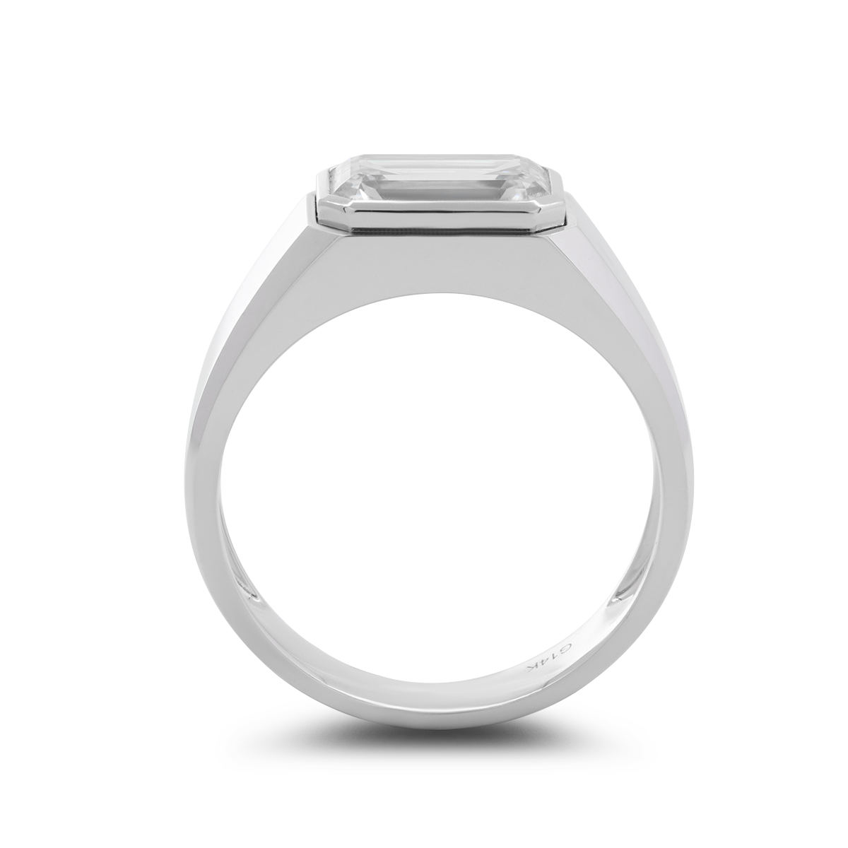 14K White Gold 3ct Emerald Cut Lab Diamond Bezel Men's Ring in Tapered Band Design 14K White Gold 3ct Emerald Cut Lab Diamond Bezel Men's Ring in Tapered Band Design