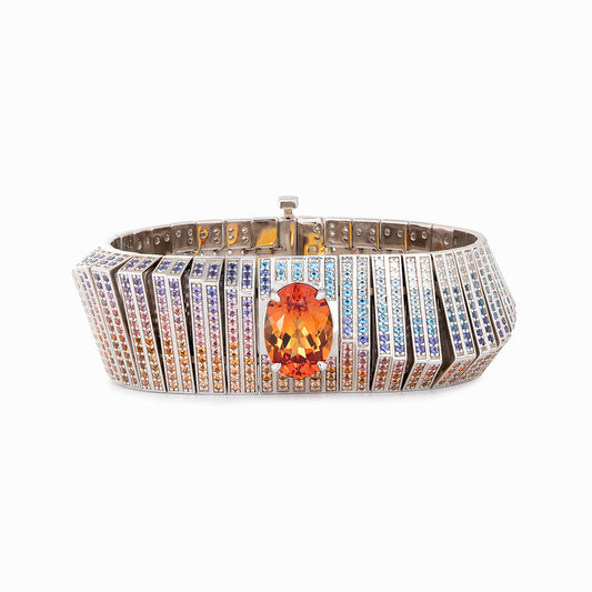 14K White Gold Colored Lab Gemstone Bracelet with 10*14mm Oval Lab Orange Sapphire