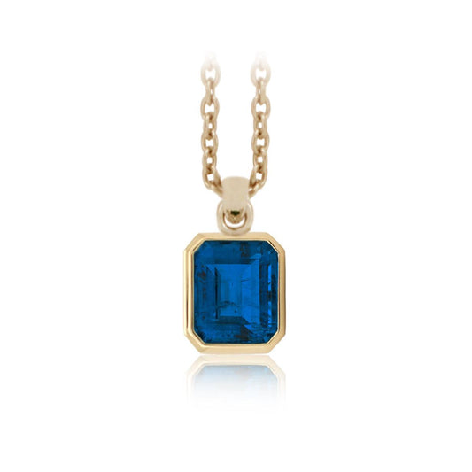 14K Yellow Gold 6ct Emerald Cut Lab Sapphire Bezel Pendant Necklace