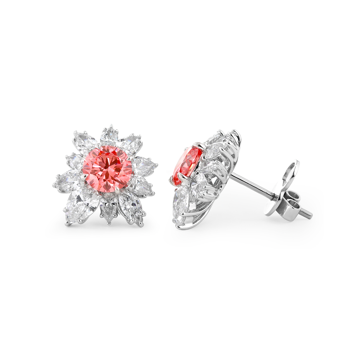Platinum 2 ct tw Pink Round Cut Lab Dimaond Floral Nature-Inspired Stud Earrings Platinum 2 ct tw Pink Round Cut Lab Dimaond Floral Nature-Inspired Stud Earrings