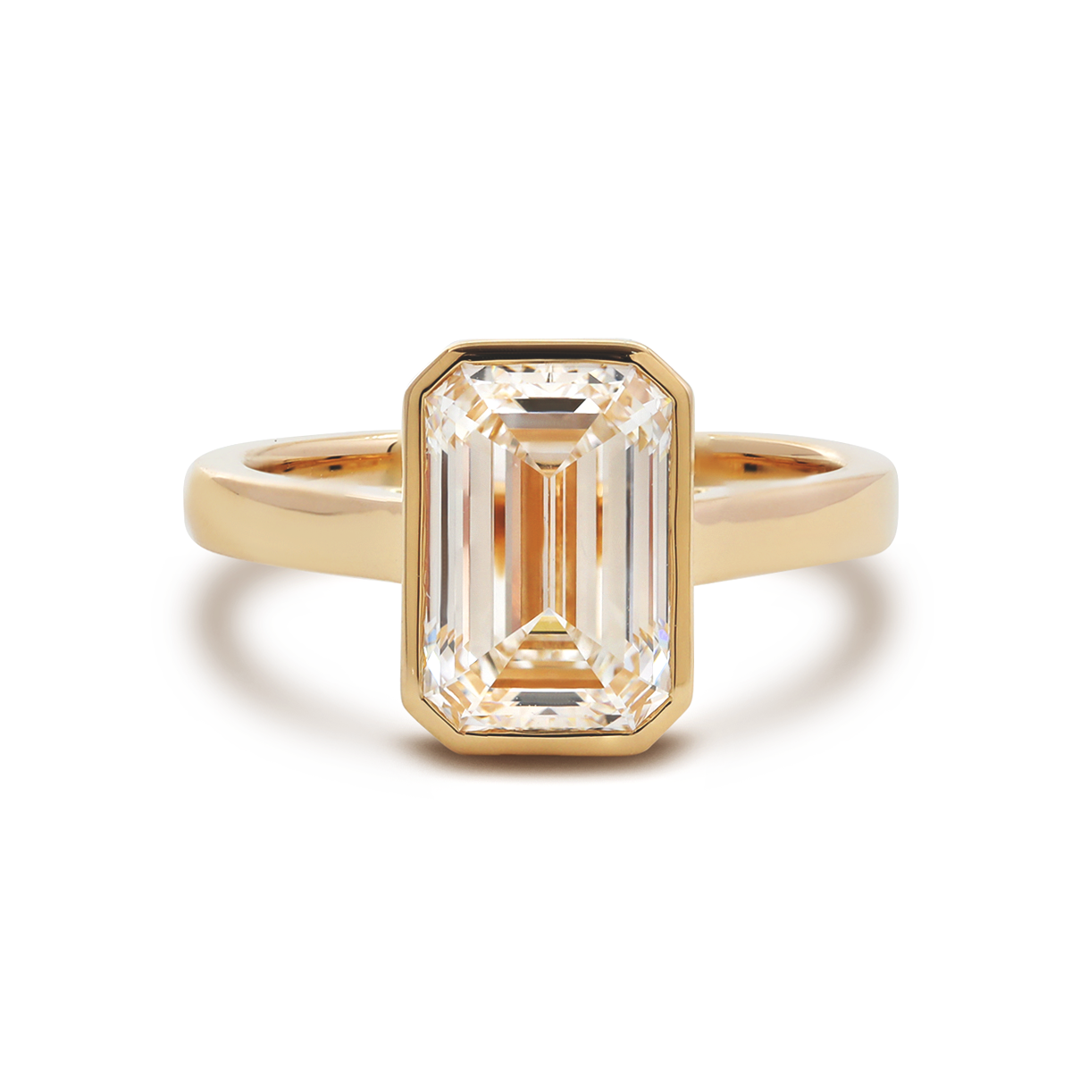 14K Yellow Gold 3ct Emerald Cut Lab DIamond Bezel Solitaire Ring 14K Yellow Gold 3ct Emerald Cut Lab DIamond Bezel Solitaire Ring