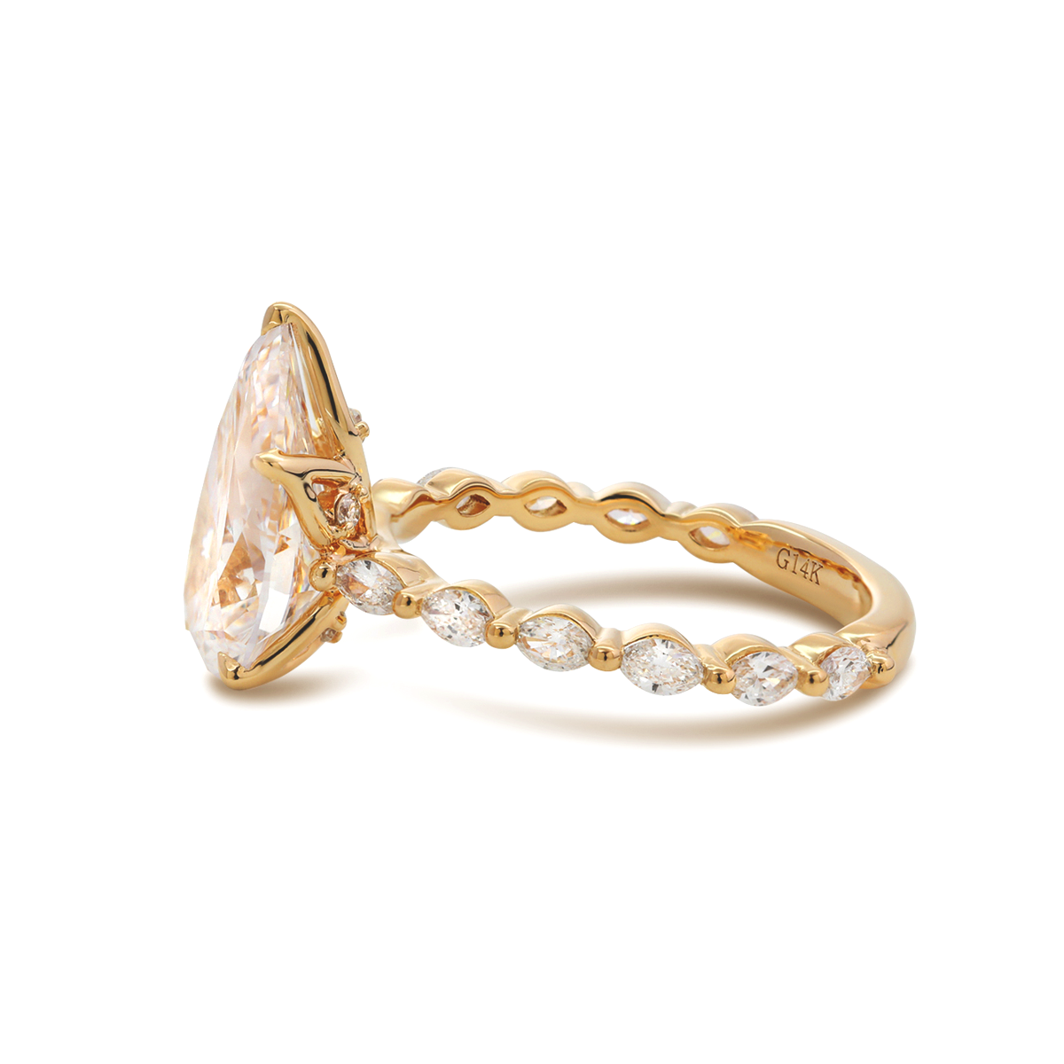14K Yellow Gold 3ct Pear Cut Lab Diamond 5 Claw Prongs Floral Basket Engagement Ring with Marquise Cut and Round Cut Diamond Side-stones 14K Yellow Gold 3ct Pear Cut Lab Diamond 5 Claw Prongs Floral Basket Engagement Ring with Marquise Cut and Round Cut Diamond Side-stones
