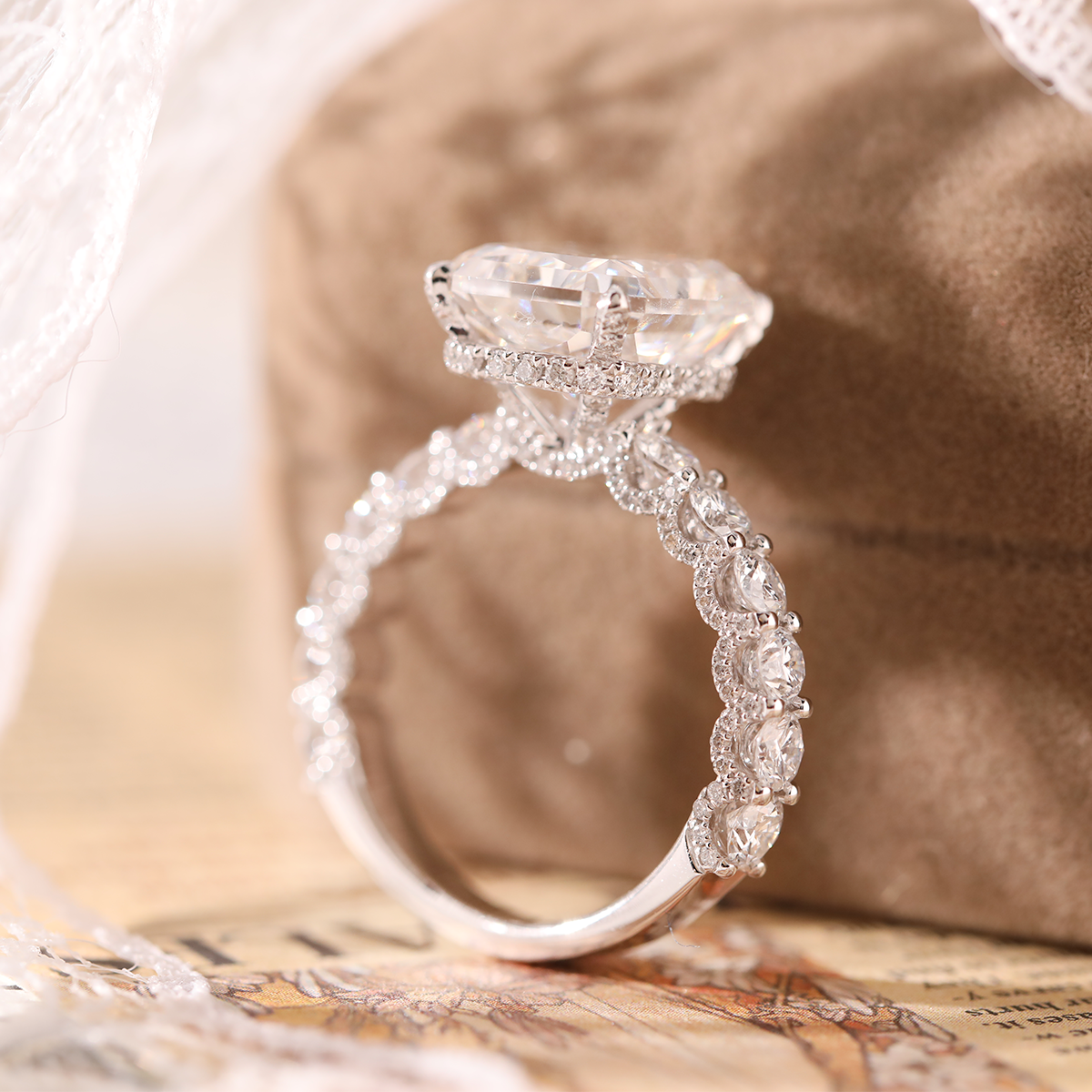 14K White Gold 5.5ct Radiant Cut Lab Diamond Engagement Ring with Hidden Halo and 2/3 Pave Band 14K White Gold 5.5ct Radiant Cut Lab Diamond Engagement Ring with Hidden Halo and 2/3 Pave Band