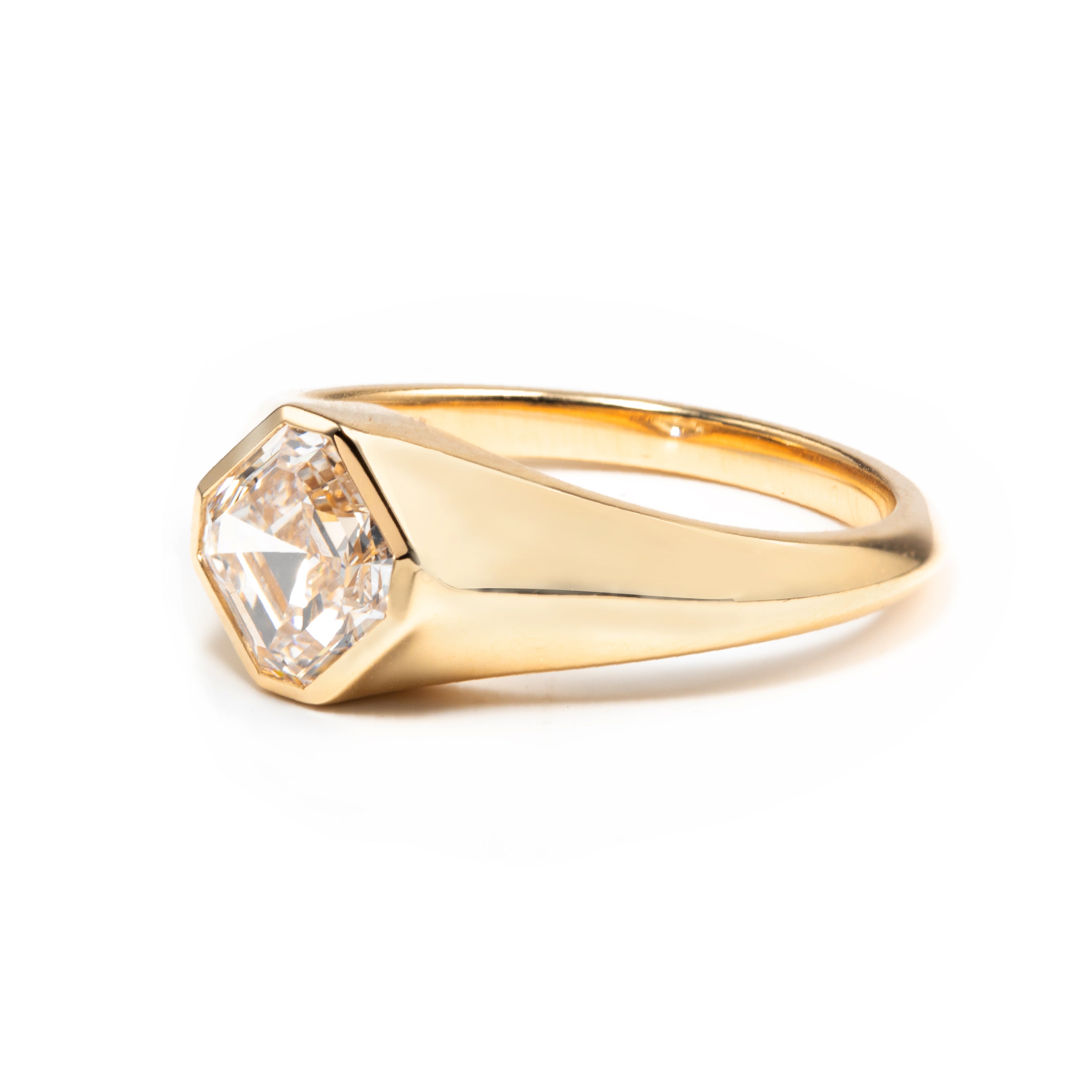 14k Yellow Gold 1.5ct Asscher Cut Lab Diamond Bezel Ring with Knife Edge Tapered Band Design 14k Yellow Gold 1.5ct Asscher Cut Lab Diamond Bezel Ring with Knife Edge Tapered Band Design