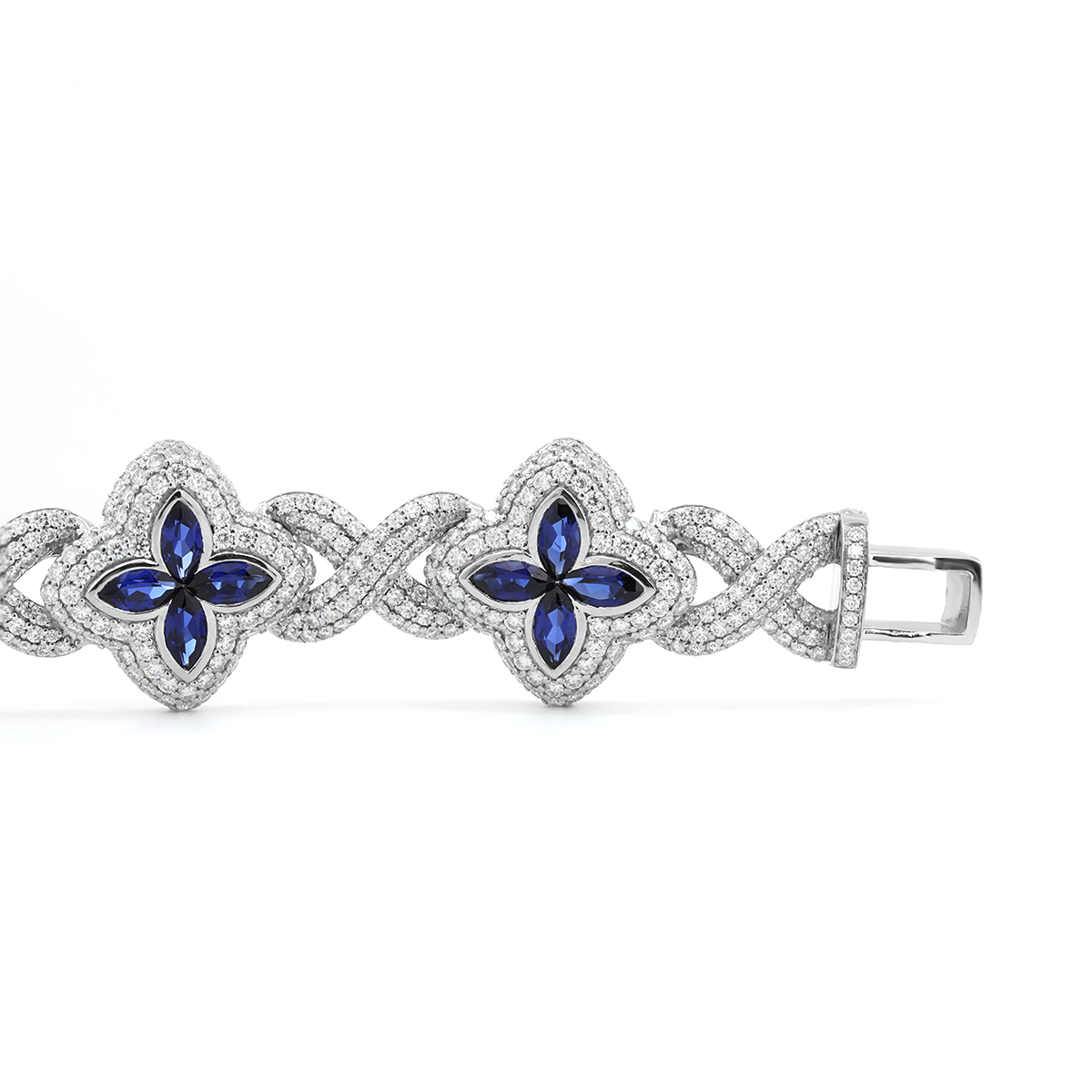 14K White Gold Round Lab Diamond Bracelet with Pear Lab Sapphire – Art Nouveau Nature-Inspired  Eternal Fleur Blue Design 14K White Gold Round Lab Diamond Bracelet with Pear Lab Sapphire – Art Nouveau Nature-Inspired  Eternal Fleur Blue Design