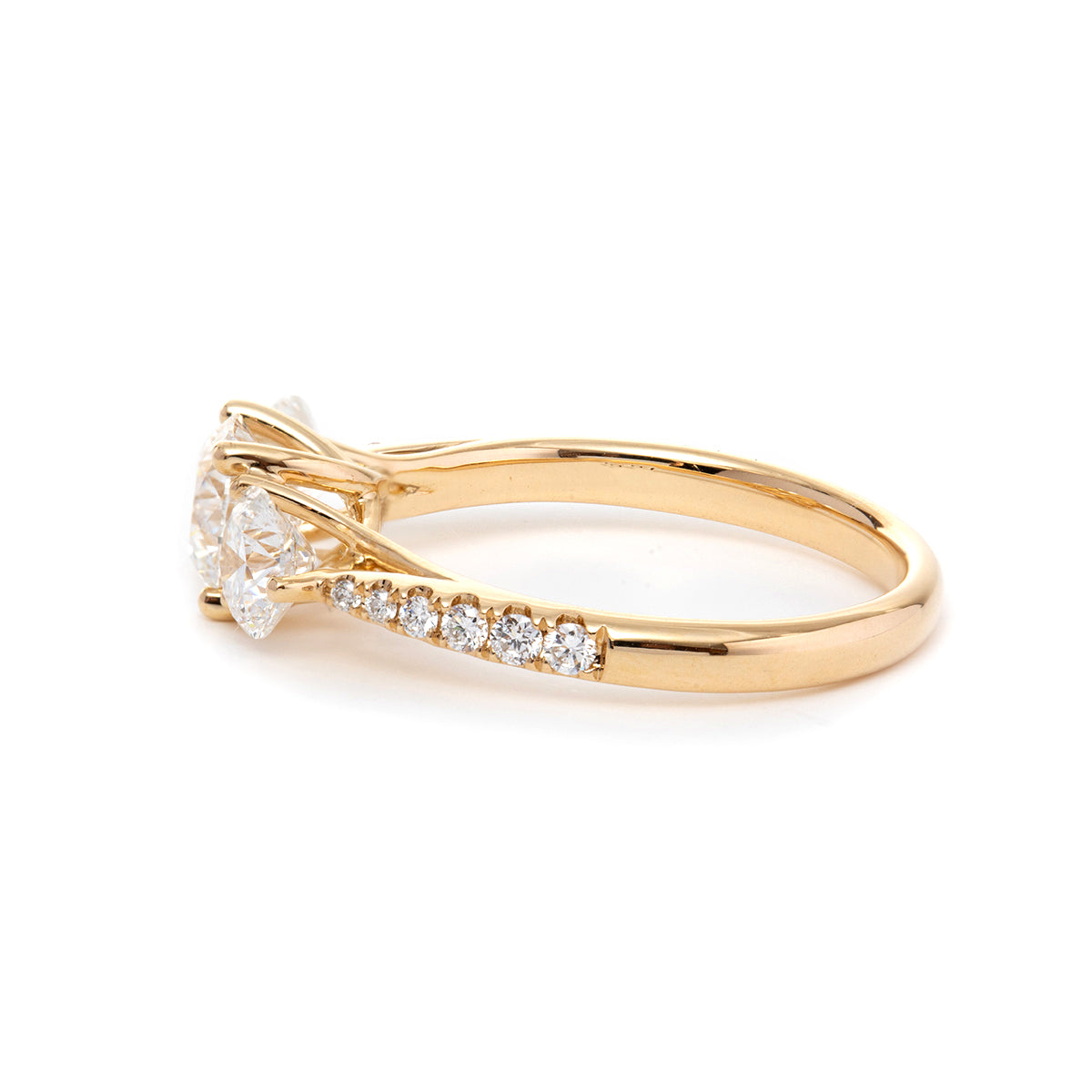 14K Yellow Gold Round Brilliant Cut Lab Diamond Pave Three Stone Ring 14K Yellow Gold Round Brilliant Cut Lab Diamond Pave Three Stone Ring
