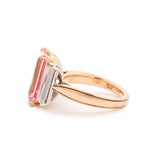 14K Rose and White Gold 13*6.5mm Emerald Cut Lab Pink Sapphire and Two Baguette Cut Lab Diamond Three Stone Cocktail Ring with Tapered Band 14K Rose and White Gold 13*6.5mm Emerald Cut Lab Pink Sapphire and Two Baguette Cut Lab Diamond Three Stone Cocktail Ring with Tapered Band