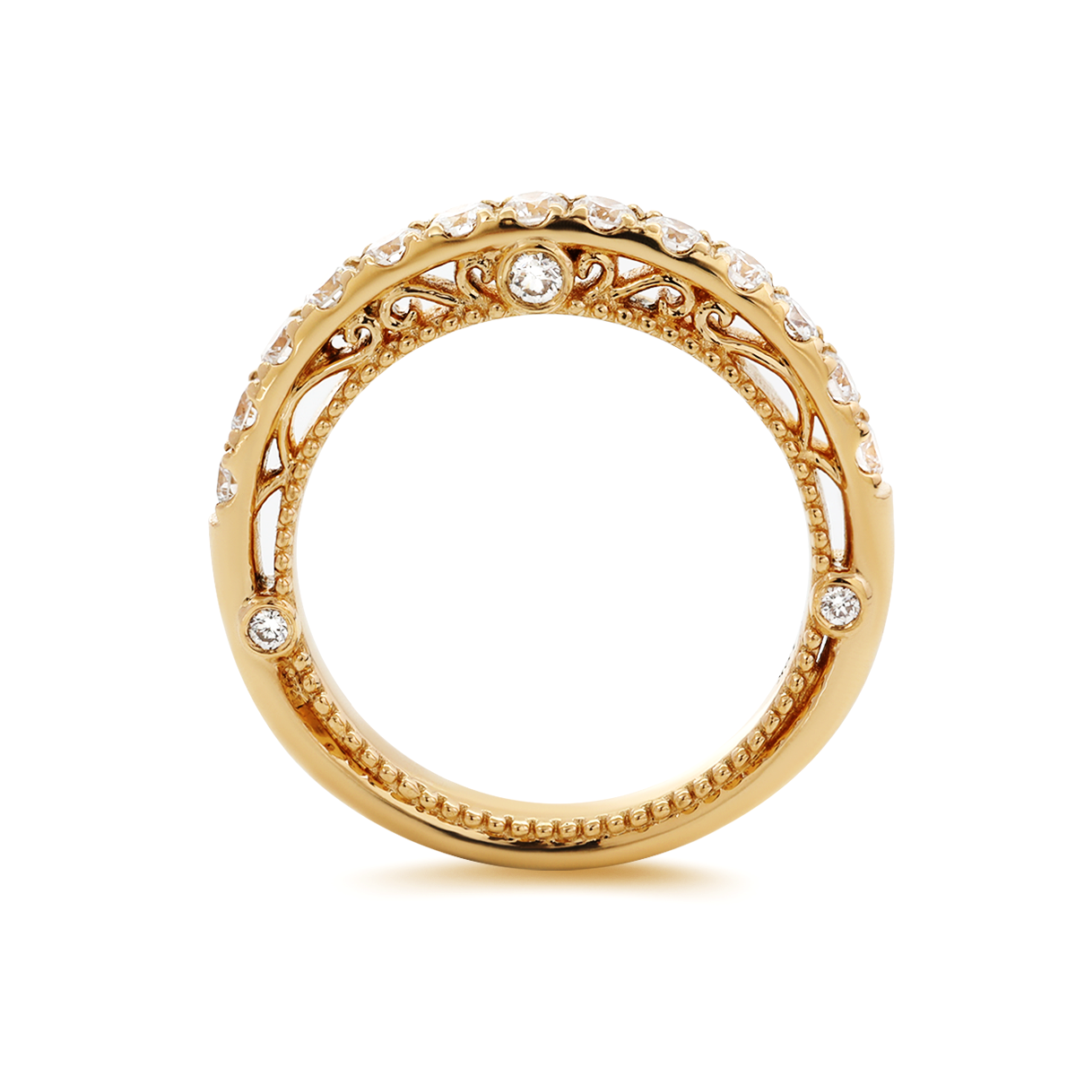 18K Yellow Gold Round Cut Lab Diamond Millegrain and Foral Design Eternity Ring 18K Yellow Gold Round Cut Lab Diamond Millegrain and Foral Design Eternity Ring