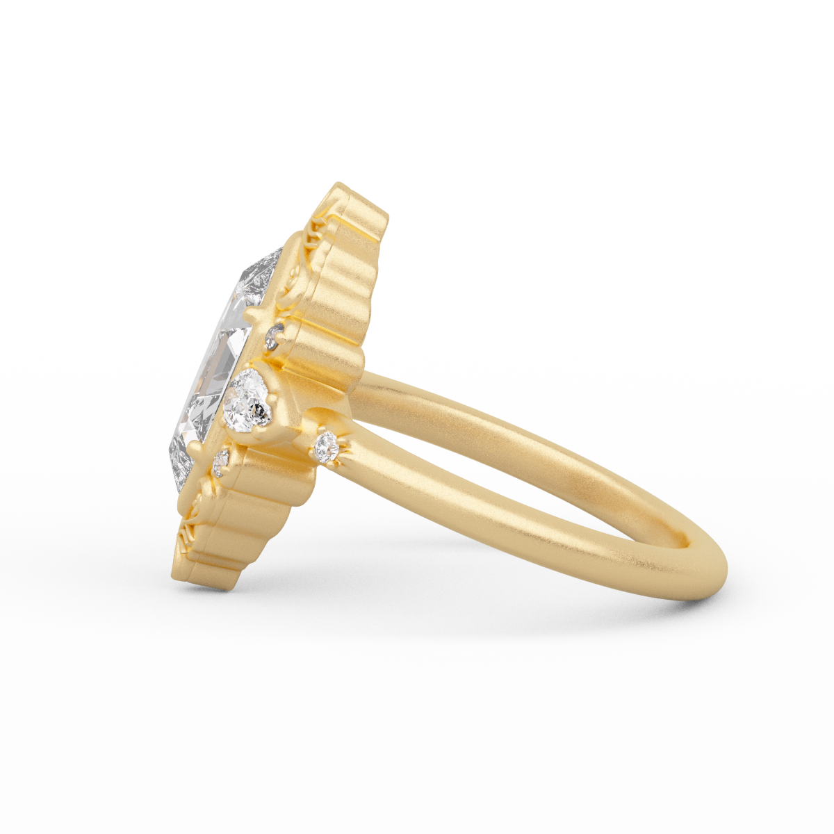 14K Yellow Gold 2ct Elongated Hexagonal Cut Lab Diamond Victoran-Style Bezel Ring with Floral Motifs 14K Yellow Gold 2ct Elongated Hexagonal Cut Lab Diamond Victoran-Style Bezel Ring with Floral Motifs