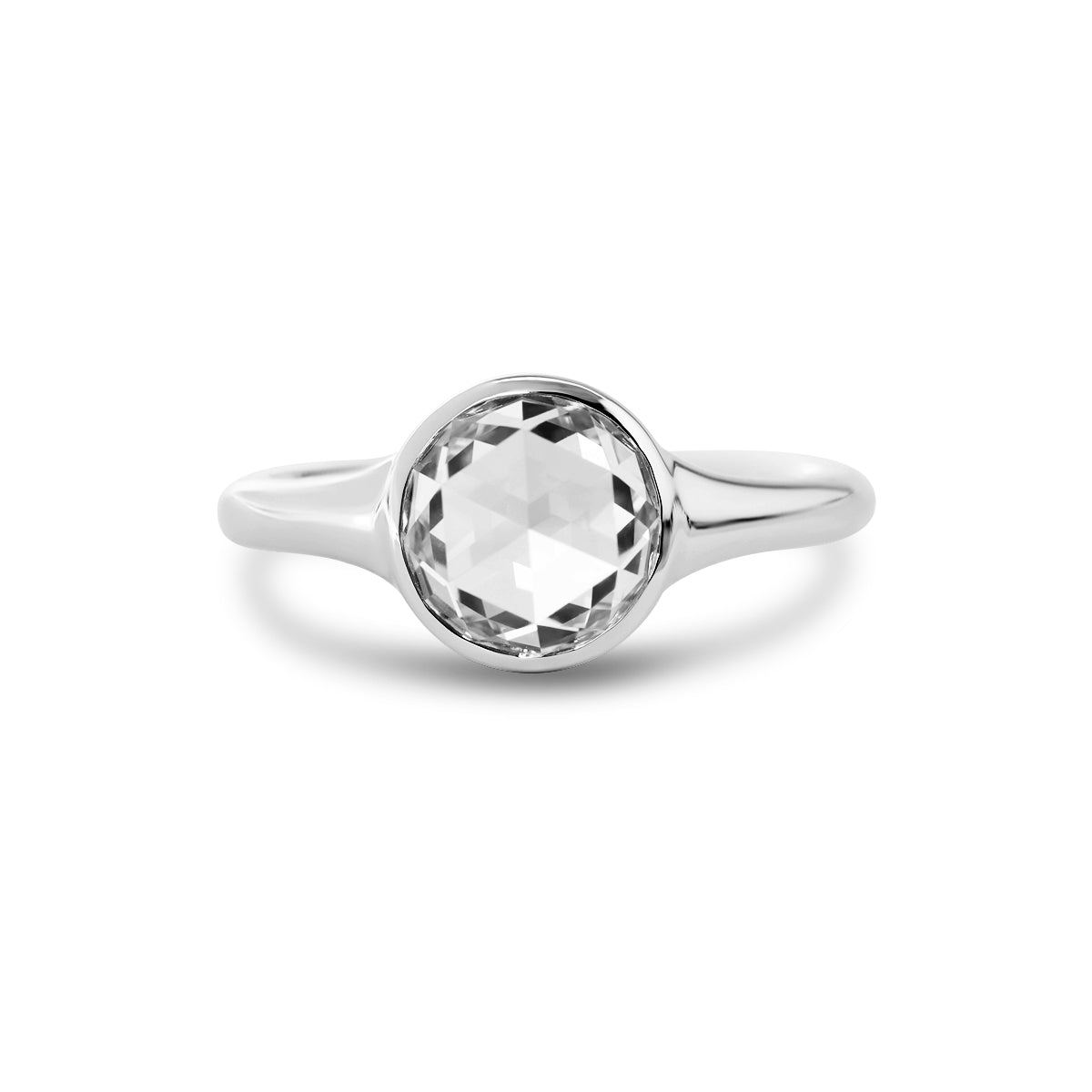 14K White Gold 1.5ct Rose Cut Lab Diamond Bezel Ring with Tapered Band 14K White Gold 1.5ct Rose Cut Lab Diamond Bezel Ring with Tapered Band