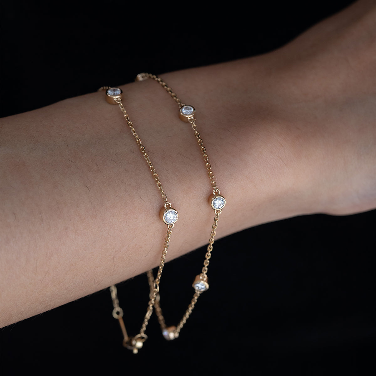 14K Yellow Gold Round Lab Diamond 3 Stone Bezel Station Bracelet 14K Yellow Gold Round Lab Diamond 3 Stone Bezel Station Bracelet