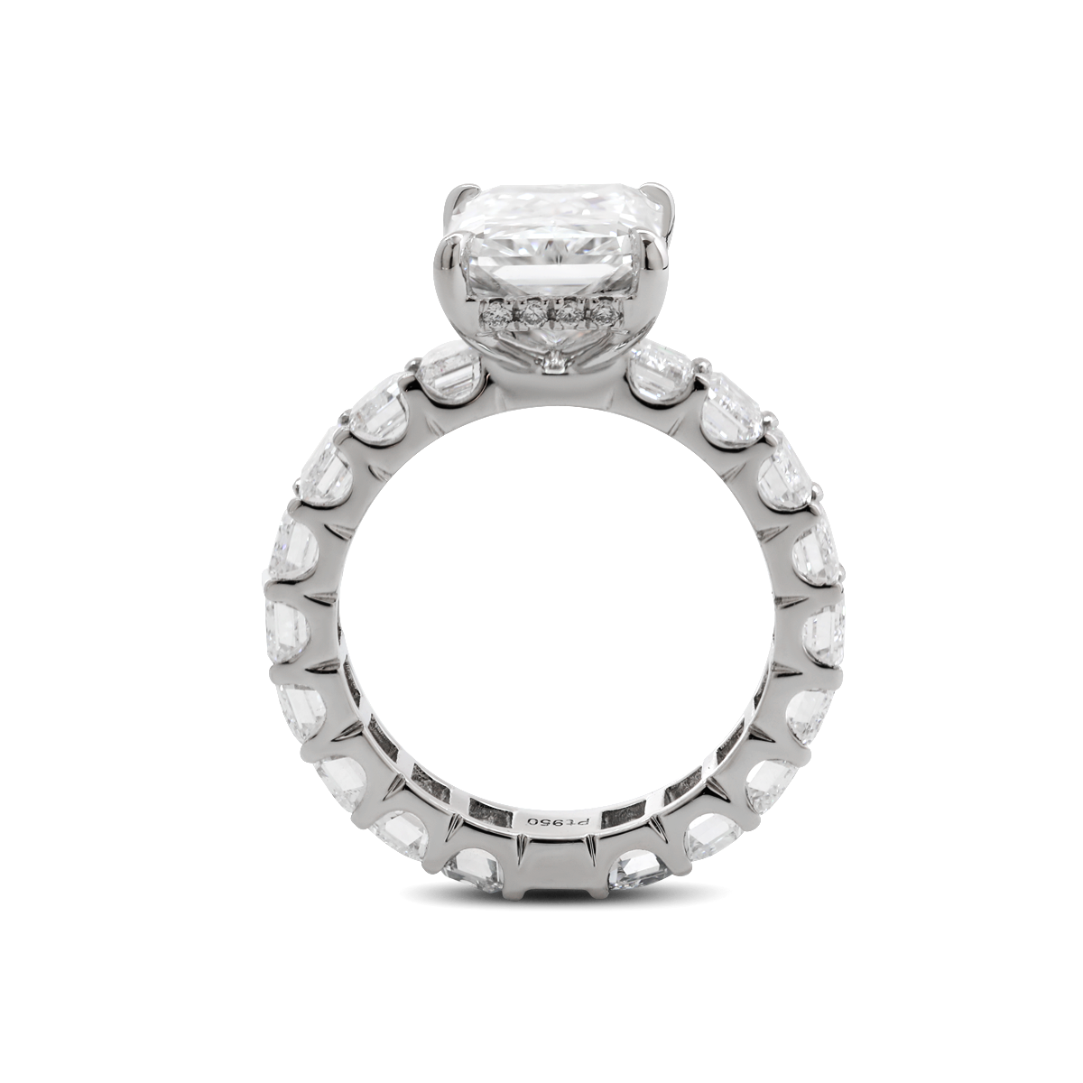 Platinum 4ct Radiant Cut Lab Diamond 4 Calw Prong Basket Ring with Round Lab Diamond Hiddden-Halo and Emerald Cut Lab Diamond Pave Platinum 4ct Radiant Cut Lab Diamond 4 Calw Prong Basket Ring with Round Lab Diamond Hiddden-Halo and Emerald Cut Lab Diamond Pave