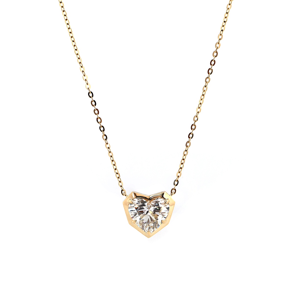 14K Yellow Gold Necklace with 2.5ct Heart Shaped Lab Diamond Pendant in Bezel Setting and Round Cross Chain 14K Yellow Gold Necklace with 2.5ct Heart Shaped Lab Diamond Pendant in Bezel Setting and Round Cross Chain