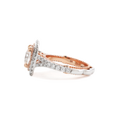 14K White and Rose Gold 2.5ct Old Mine Cut Lab Diamond Evelina Halo Edwardian Style Ring with Waverly Band and Millegrain Edging 14K White and Rose Gold 2.5ct Old Mine Cut Lab Diamond Evelina Halo Edwardian Style Ring with Waverly Band and Millegrain Edging