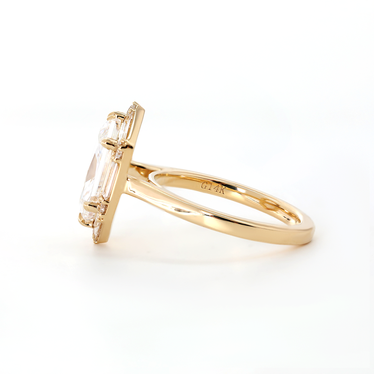 14K Yellow Gold 2.5ct Duchess Cut Elongated Hexagonal Lab Diamond Ring with Baguette Cut and Round Diamond Halo 14K Yellow Gold 2.5ct Duchess Cut Elongated Hexagonal Lab Diamond Ring with Baguette Cut and Round Diamond Halo