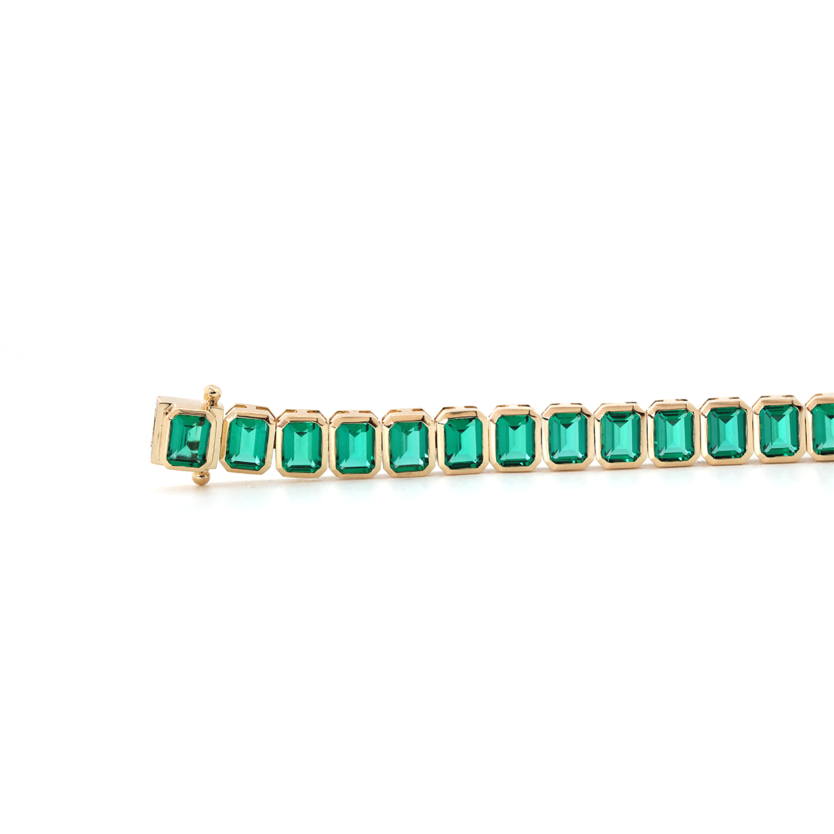 14K Yellow Gold Emerald Cut Lab Zambian Emerald Bezel Tennis Bracelet 14K Yellow Gold Emerald Cut Lab Zambian Emerald Bezel Tennis Bracelet