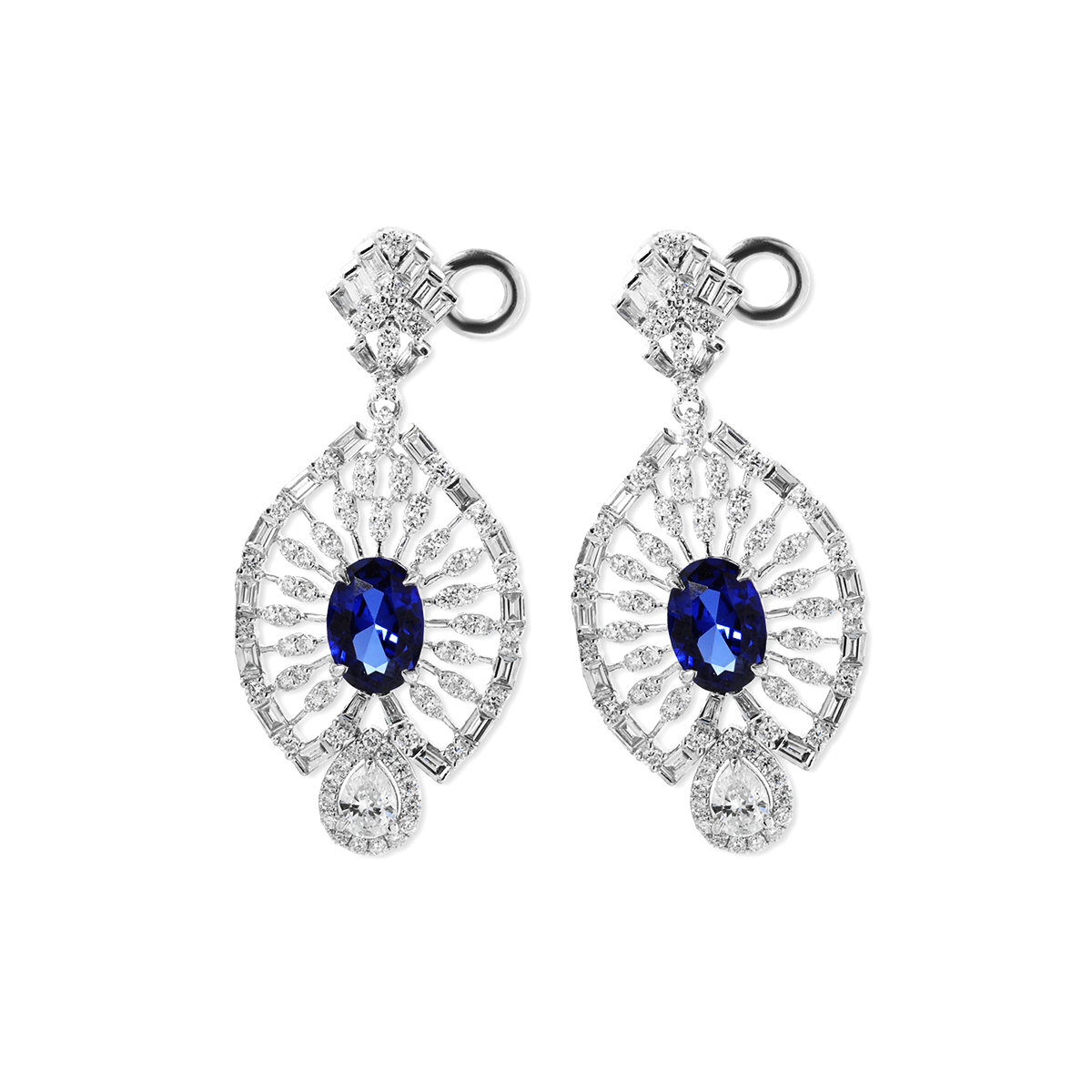 18K White Gold 7*5mm Oval Royal Blue Lab Sapphire and Lab Diamond Victorian Peacock Plume Chandelier Earrings 18K White Gold 7*5mm Oval Royal Blue Lab Sapphire and Lab Diamond Victorian Peacock Plume Chandelier Earrings