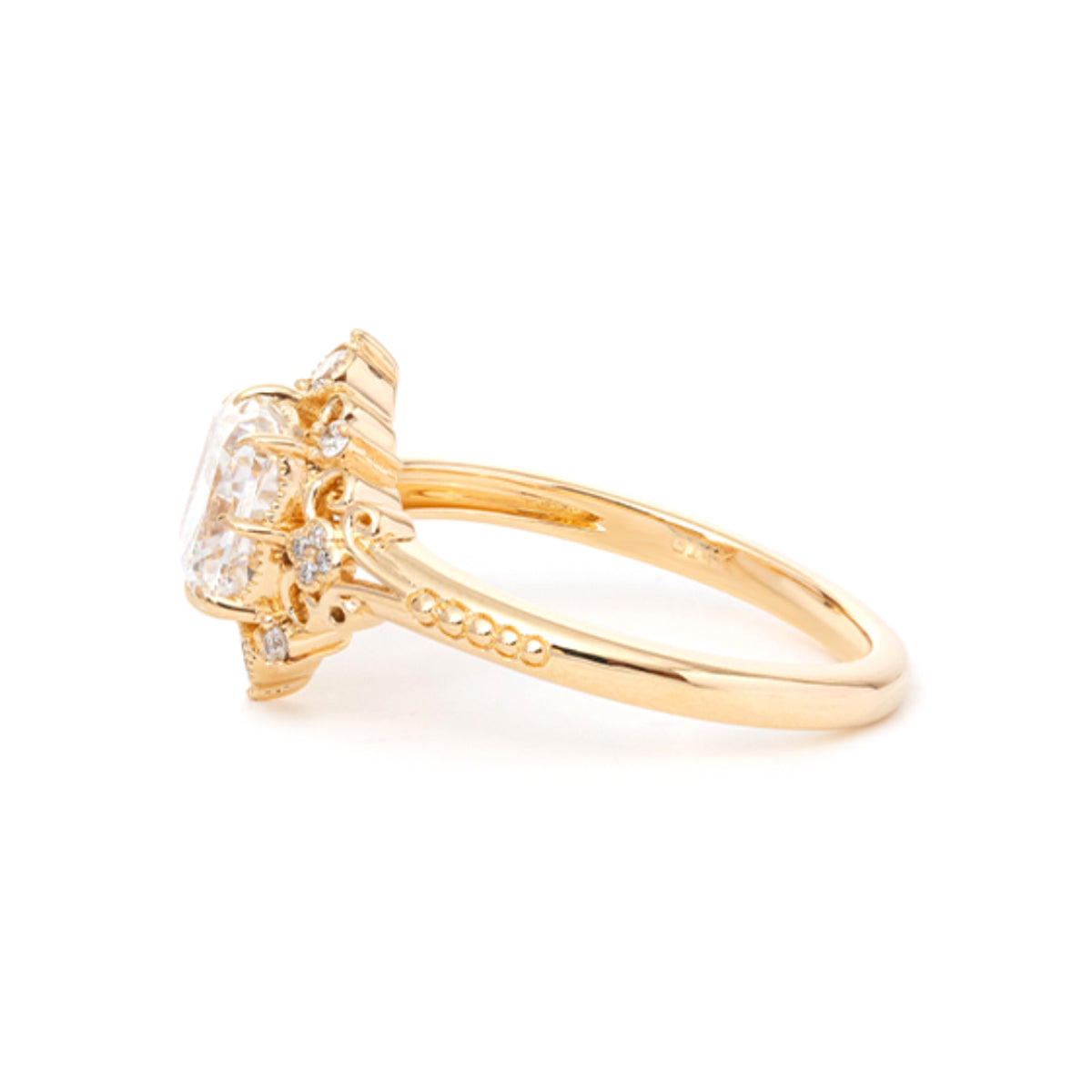 14K Yellow Gold 2.5ct Elongated Cushion Cut Lab Diamond Victoran-Style Ring with Floral Motifs 14K Yellow Gold 2.5ct Elongated Cushion Cut Lab Diamond Victoran-Style Ring with Floral Motifs