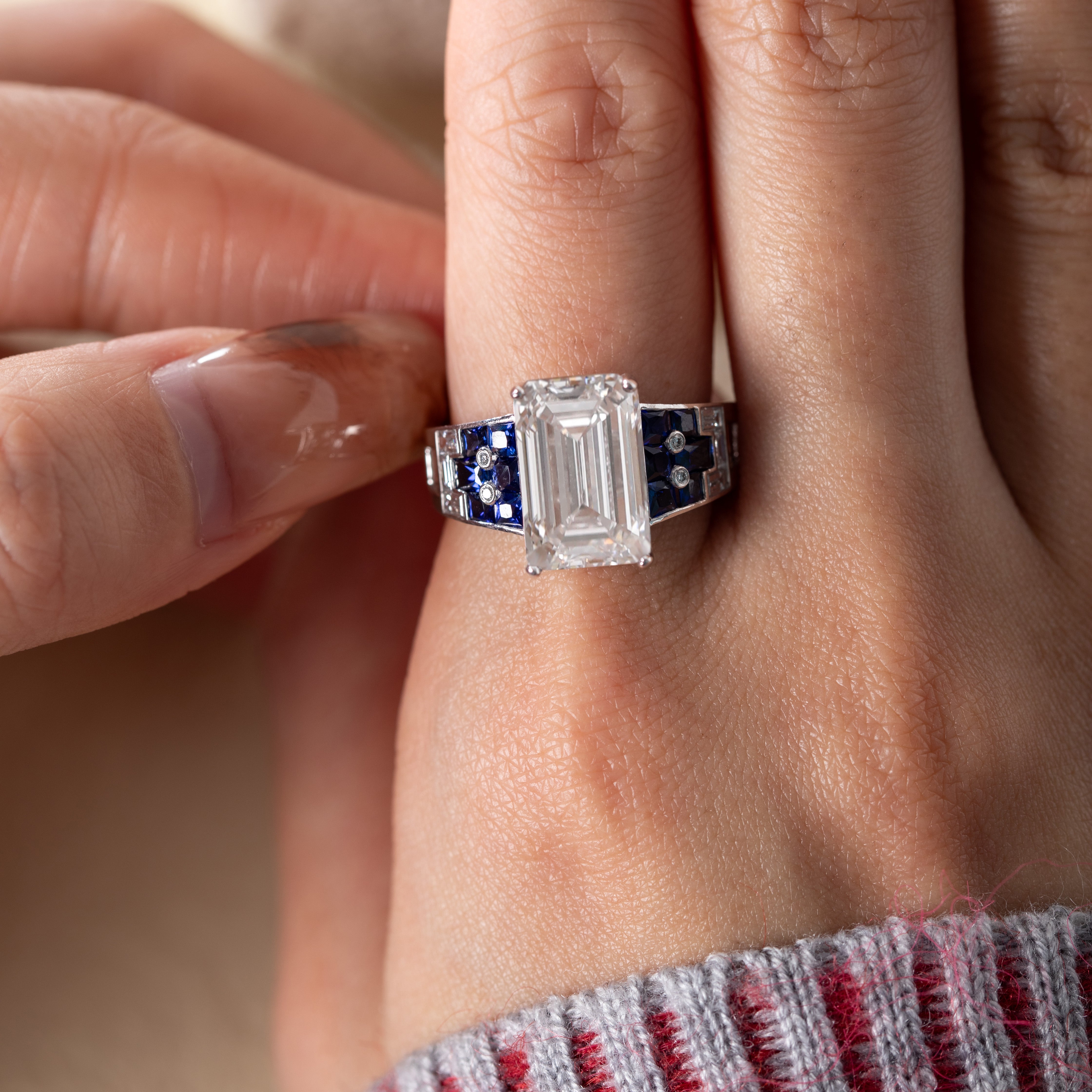 Platinum 5.5ct Emerald Cut Lab Diamond Vintage Ring with Lab Sapphire and Baguette Lab Diamond Side-Stones Platinum 5.5ct Emerald Cut Lab Diamond Vintage Ring with Lab Sapphire and Baguette Lab Diamond Side-Stones