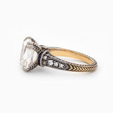 18K Gold 4.5ct Elongated Old Mine Cut Lab Diamond Antique-inspired Ring with Princess Cut Lab Sapphire & Round Cut Lab Diamond Side-stone 18K Gold 4.5ct Elongated Old Mine Cut Lab Diamond Antique-inspired Ring with Princess Cut Lab Sapphire & Round Cut Lab Diamond Side-stone