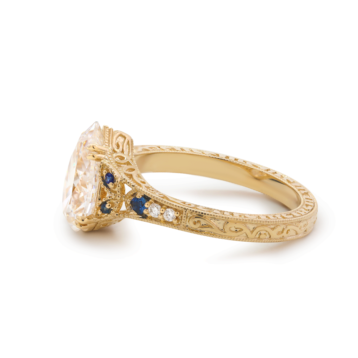14K Yellow Gold 2.5ct Pear Lab Diamond with Round Lab Diamond and Lab Sapphire Side-stone Millegrain Floral Engraving Ring-Art Nouveau Nature-Inspired 14K Yellow Gold 2.5ct Pear Lab Diamond with Round Lab Diamond and Lab Sapphire Side-stone Millegrain Floral Engraving Ring-Art Nouveau Nature-Inspired