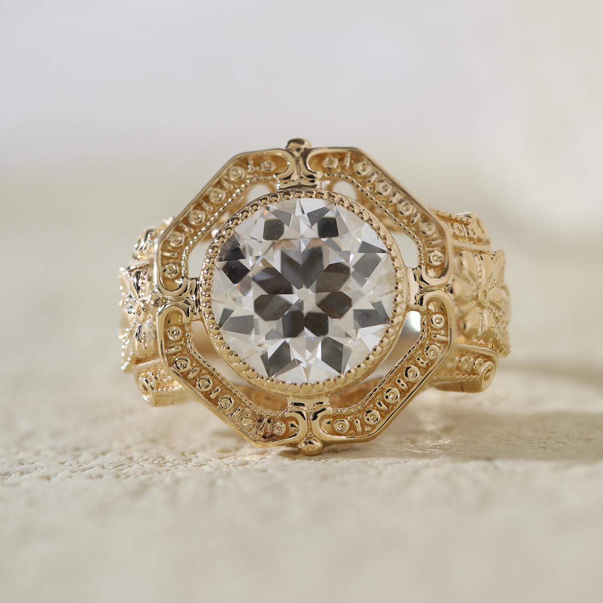 14K Yellow Gold 3ct Old European Cut Lab Diamond Millegrain Bezel Vintage Engraved Ring - Art Deco Style 14K Yellow Gold 3ct Old European Cut Lab Diamond Millegrain Bezel Vintage Engraved Ring - Art Deco Style